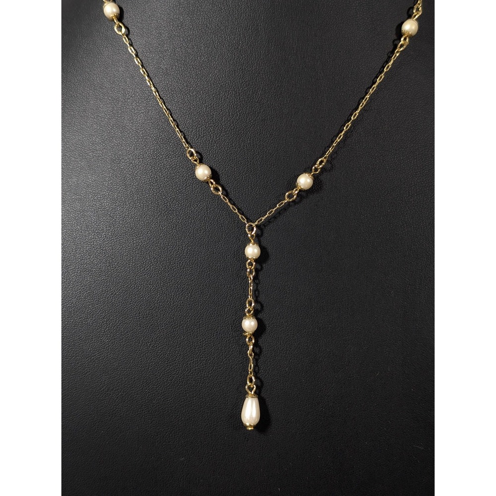Retro Gold Tone Faux Pearl Y Drop Lariat Necklace Bridal Vintage‎ Style 18 Inch
